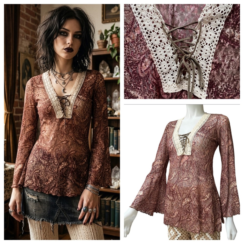 Vtg 90s Bisou Bisou Paisley Lace‎ Bell Sleeve Top Boho S Whitchy Whimsygoth USA - Picture 17 of 17